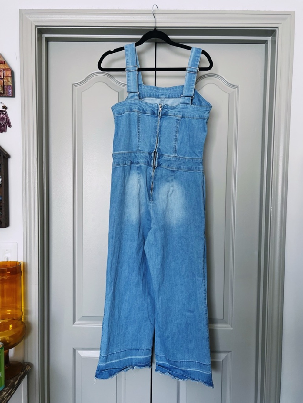 Dollhouse Denim Wide Leg Jumpsuit Light Wash Adjustable Straps Cropped Raw Hem L - Picture 3 of 10